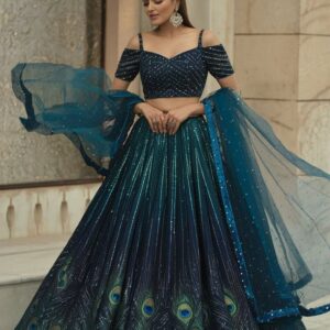 Peacock Radiance Couture Lehenga with shimmer and feather print for receptions