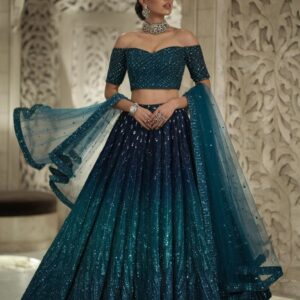 Aqua Jewel Ombre Lehenga in teal and navy shimmer with off-shoulder blouse