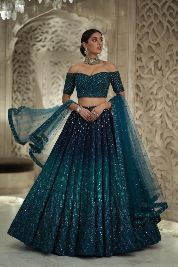 Aqua Jewel Ombre Lehenga in teal and navy shimmer with off-shoulder blouse