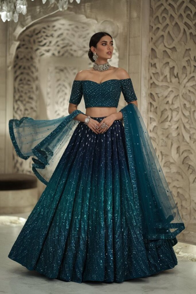 Aqua Jewel Ombre Lehenga in teal and navy shimmer with off-shoulder blouse