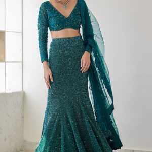 Bottle green fish-cut lehenga with sequin shine and long-sleeve blouse – Ethnora