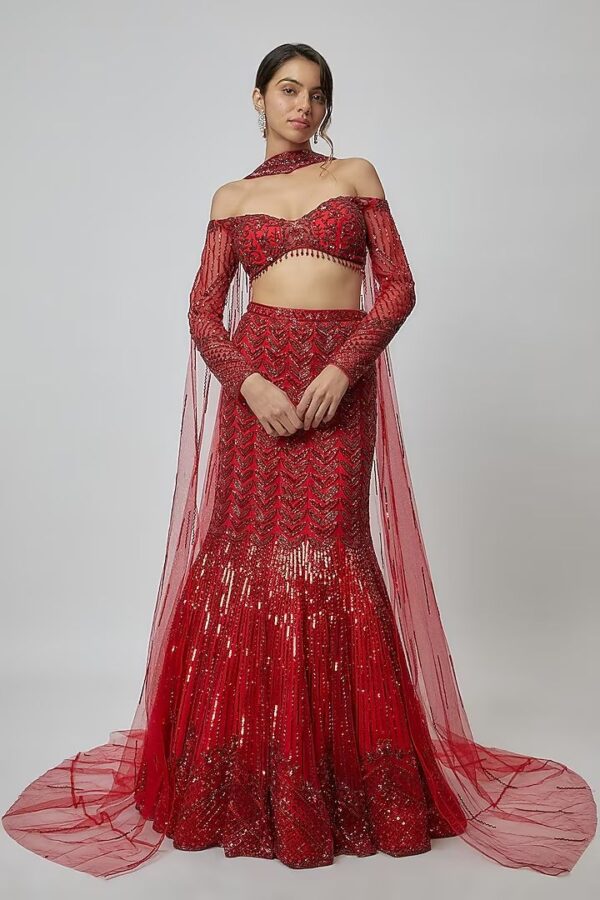Red embroidered fish-cut lehenga with net full sleeves and shimmer work – Ethnora