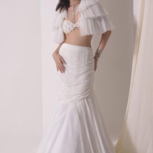 White ruched mermaid lehenga with floral bustier and layered sheer cape blouse – Ethnora