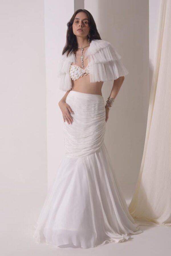 White ruched mermaid lehenga with floral bustier and layered sheer cape blouse – Ethnora