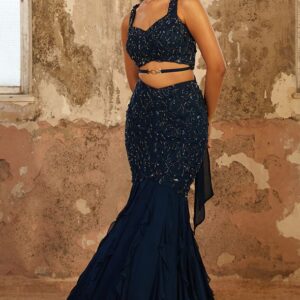 Navy blue ruffle fish-cut lehenga with sequin blouse – Ethnora