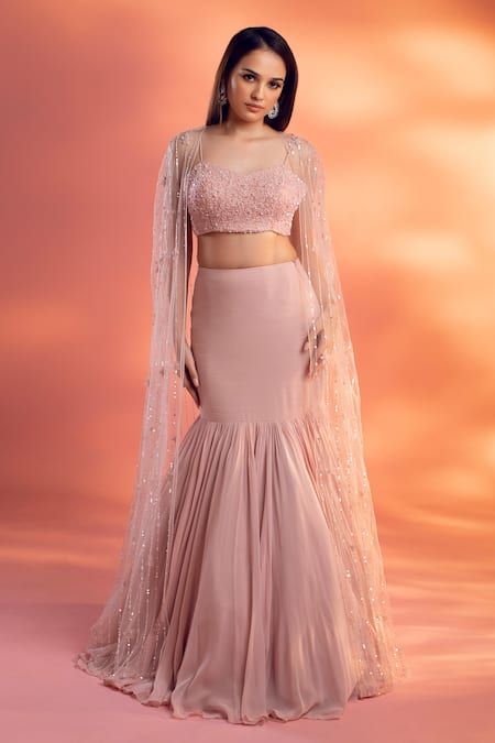 Peach pastel fish-cut lehenga with embellished blouse and cape dupatta – Ethnora