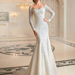 Ivory lace mermaid wedding gown with long sleeves and train – Ethnora