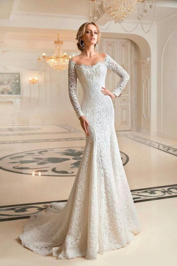 Ivory lace mermaid wedding gown with long sleeves and train – Ethnora