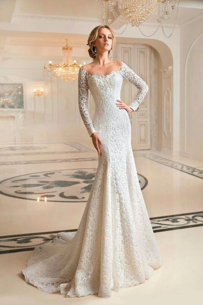 Ivory lace mermaid wedding gown with long sleeves and train – Ethnora