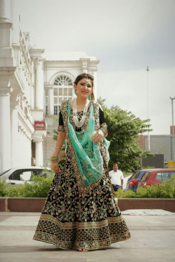 Regal Zariwork Velvet Lehenga in Emerald Black