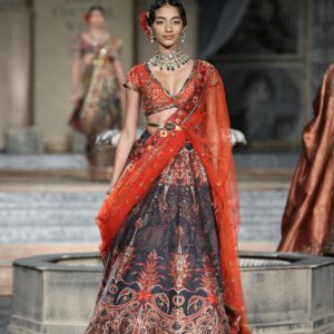 Fiery Saffron Couture Lehenga with Deep V-Cut Blouse​