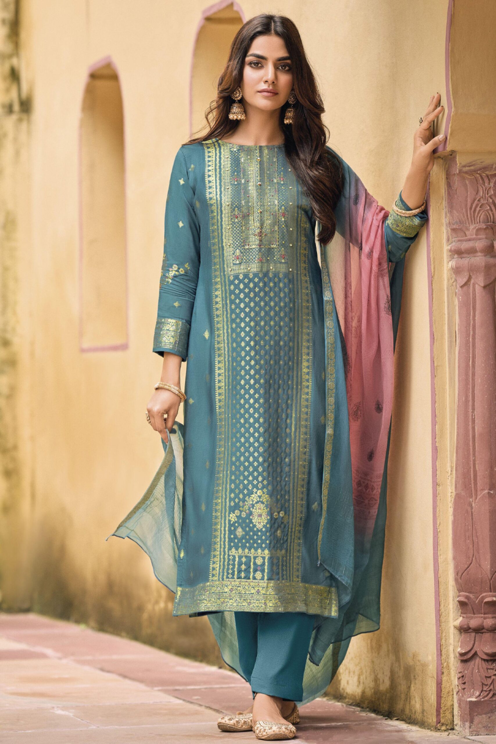 Sitara Teal Silk Blend Suit Set - Elegant Pakistani Silk Suit