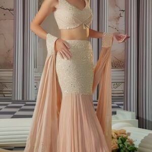 Blush pink fish-cut lehenga with pleated net and pearl embellished blouse – Ethnora