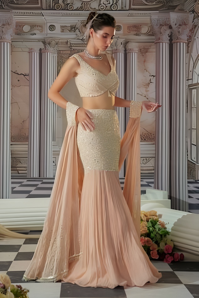 Blush pink fish-cut lehenga with pleated net and pearl embellished blouse – Ethnora