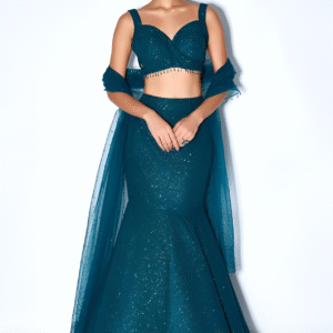 Teal mermaid-style lehenga with shimmer fabric and structured blouse – Ethnora